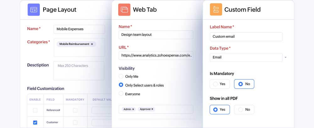 Screenshot of customization options in Zoho Expense